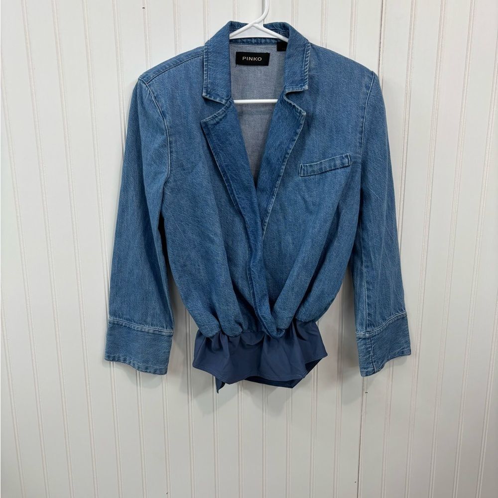 Pinko Light Blue Denim fisso loose fit faux wrap cotton blouse